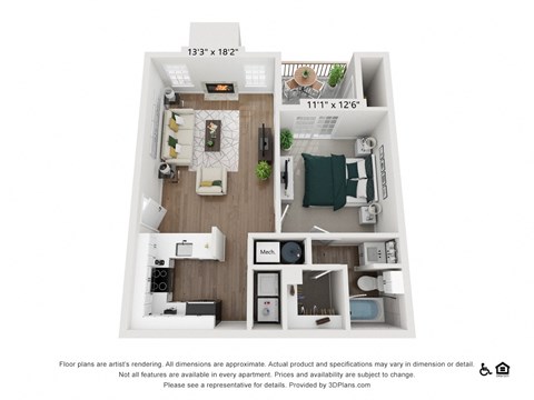 A 3D floor plan of a small apartment with a kitchen, living room, and bathroom.